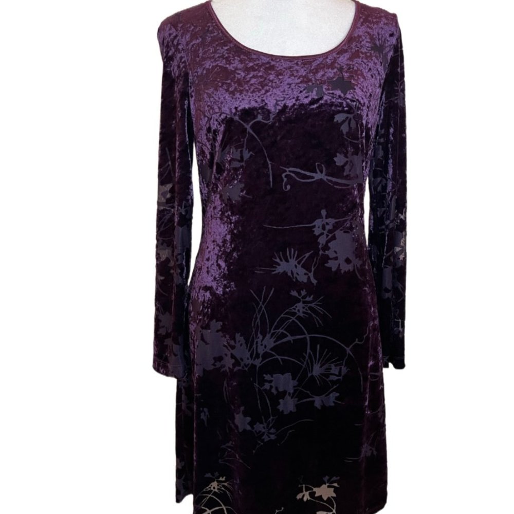 CDC Purple/Plum Velvet/Flocked Damask Floral Long Sleeve Dress  Size 4 - Picture 6 of 15
